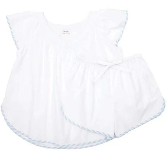  Lenora 라운지 웨어 레노라 밴디 스캘럽 테이프 트림 반팔 잠옷 화이트/블루