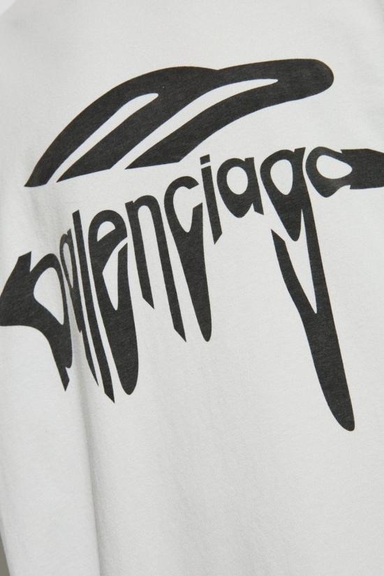  발렌시아가 반팔 티셔츠 라이트 그레이 코튼 오버사이즈 티셔츠 더티화이트블랙 - BALENCIAGA