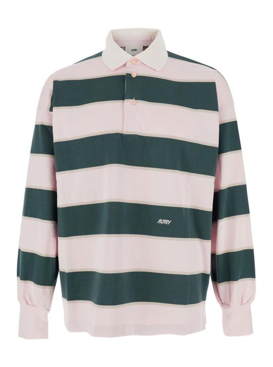  오트리 폴로 티셔츠 핑크 폴로 셔츠, 클래식 칼라와 전체 스트라이프 패턴 (핑크)