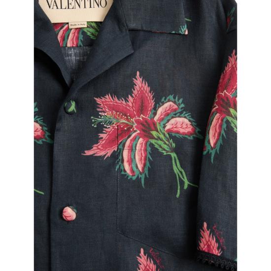 26SS 발렌티노 가라바니 파피에 플로럴 프린트 린넨 볼링 셔츠 8V3AAN11BA7 D5Y BLUE RED - VALENTINO GARAVANI