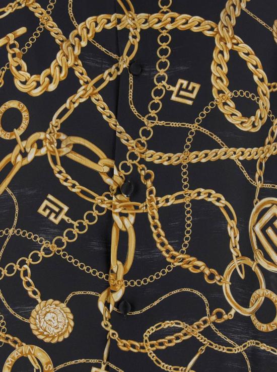  발망 긴팔 셔츠 블랙 , 뾰족한 칼라와 체인 프린트, 로고 장식 - BALMAIN