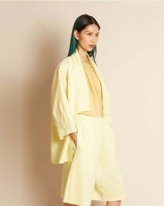  KAAREM 숏팬츠 카렘 샌드 플리츠 니하이 쇼츠 (엘라스틱 허리, 연노랑) - OTHER BRANDS