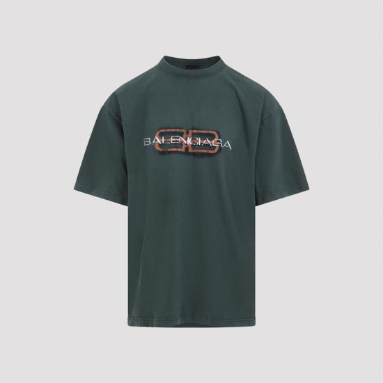  발렌시아가 반팔 티셔츠 미디엄 핏 티셔츠 다크 그린
