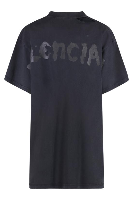  발렌시아가 반팔 티셔츠 오버사이즈 코튼 티셔츠, 워싱 처리된 블랙 - BALENCIAGA