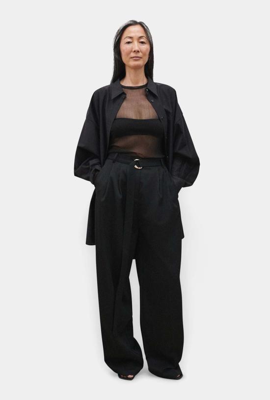  실크 런드리 스트레이트 팬츠 실크 세탁용 울 바지 블랙