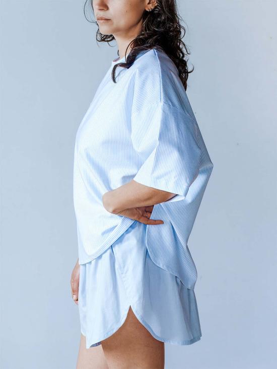  A B E L I N E 반팔 티셔츠 코튼 오버사이즈 커브드 헴 티셔츠 블루 스트라이프