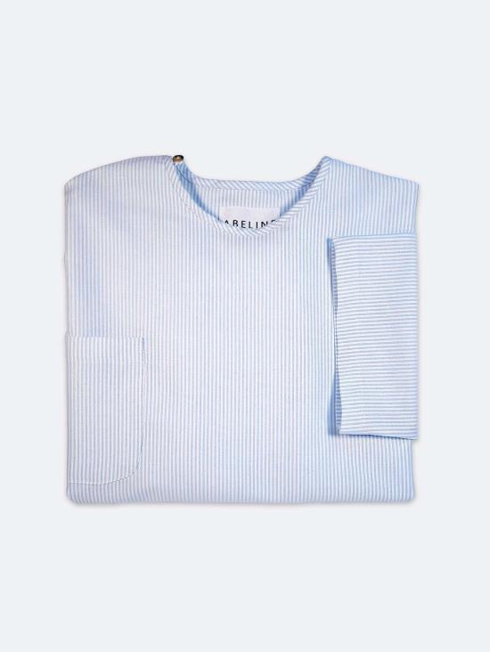  A B E L I N E 반팔 티셔츠 코튼 오버사이즈 커브드 헴 티셔츠 블루 스트라이프 - OTHER BRANDS