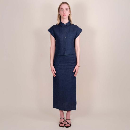  알리지 반팔 티셔츠 알리시 P5242 크롭 린넨 셔츠 인디고 - ALYSI