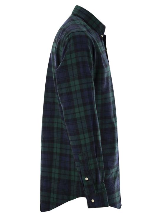  랄프 로렌 긴팔 셔츠 커스텀 핏 브러시드 옥스포드  네이비/그린 멀티 - RALPH LAUREN