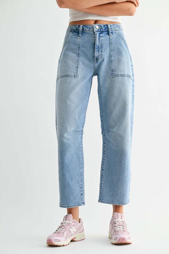  저스트 블랙 데님 데님 팬츠 유틸리티 심드 배럴 진 미디엄 데님