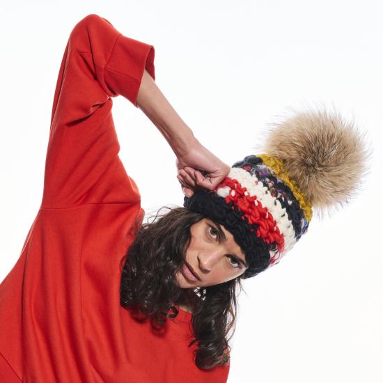  Mischa Lampert 모자 미샤 램퍼트 나일 스트라이프 비니 + 라쿤 XL 폼폼 - OTHER BRANDS