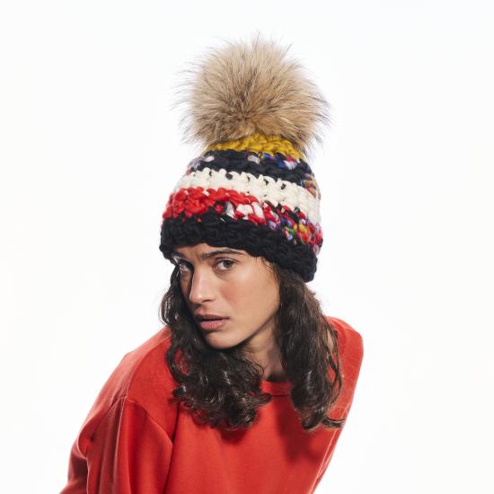  미샤램퍼트 모자 미샤 램퍼트 나일 스트라이프 비니 + 라쿤 XL 폼폼 - MISCHA LAMPERT