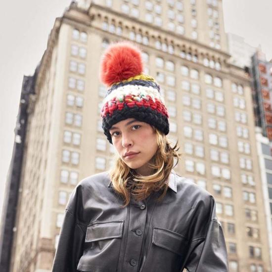 Mischa Lampert 모자 미샤 램퍼트 나일 스트라이프 비니 + 라쿤 XL 폼폼