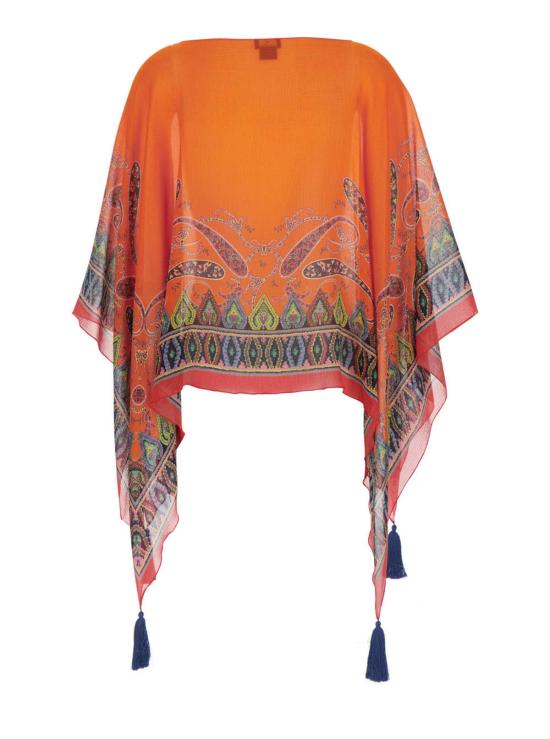  에트로 코트 스타일 앞뒤 프린트 실크 태슬 디테일 케이프 오렌지 - ETRO