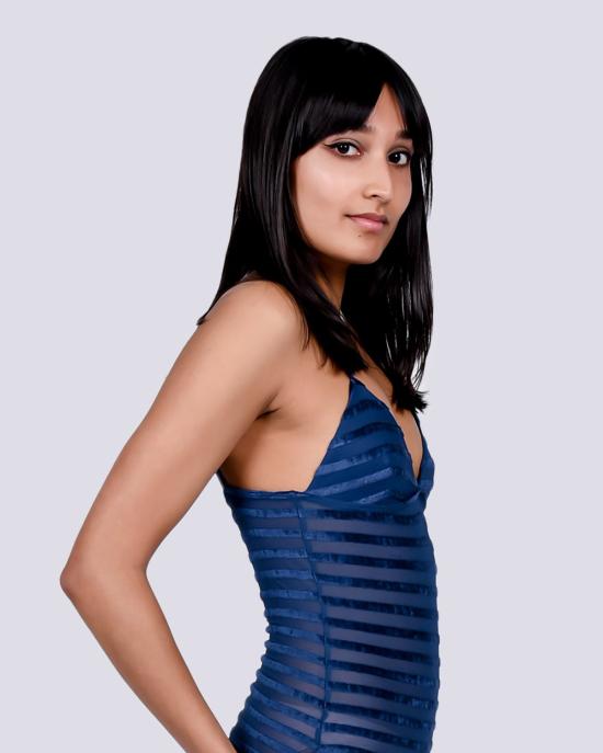  베이스레인지 바디수트 티셔츠 미시시피 벨루어 바디 블루 스트라이프 - BASERANGE