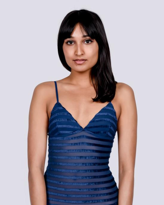  베이스레인지 바디수트 티셔츠 미시시피 벨루어 바디 블루 스트라이프 - BASERANGE