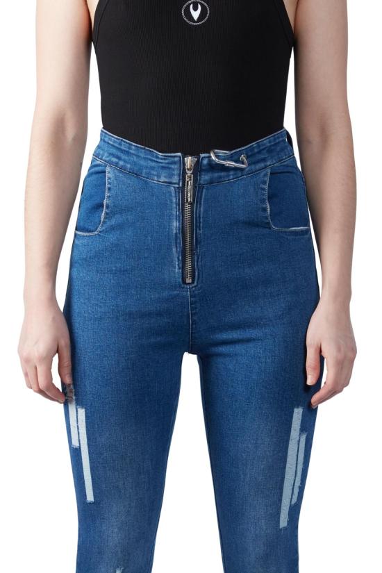  팡 뉴욕 데님 팬츠 팡 NYC 기하학적 패턴 디스트레스드 스키니 진 블루 - FANG NYC