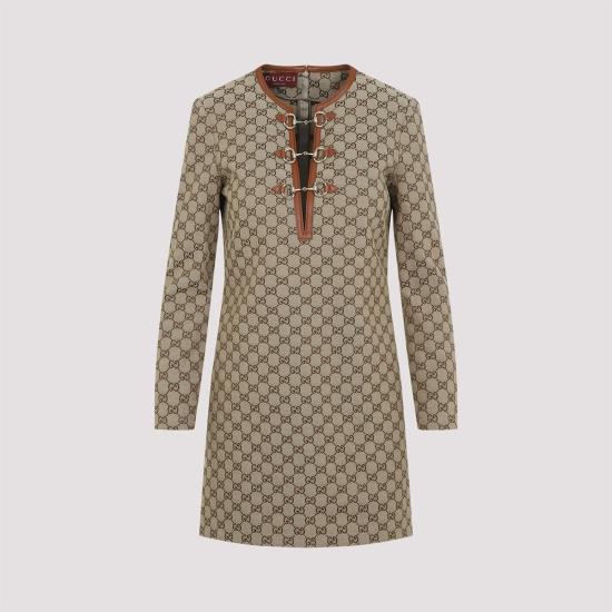  구찌 숏 원피스 GG 클램프 미니 드레스 카멜 에보니 - GUCCI