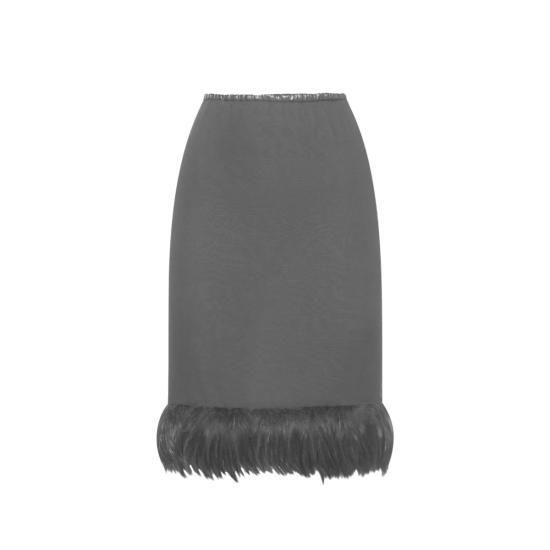  생로랑 미디 스커트 페더스 트리밍 실크  블랙