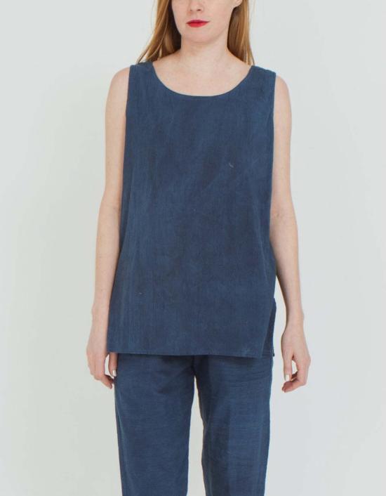  포엠 민소매 티셔츠 롱 코튼 탱크탑 딥 인디고