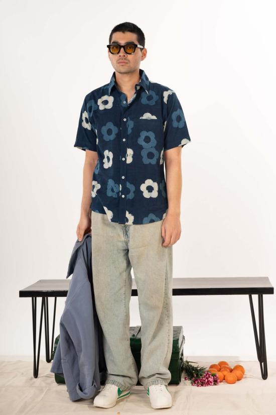  DUSHYANT. 반팔 셔츠 두샨트. 포크 반팔 셔츠, 핸드 블록 프린트 - DUSHYANT