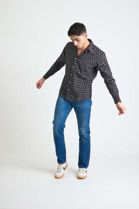  DUSHYANT. 긴팔 셔츠 두샨트. 핸드 프린팅 아미르 긴팔  블랙/블루 모티브 - DUSHYANT