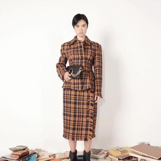  Zimo 수트 자켓 지모 트위드 블레이저 브라운/네이비 트위드