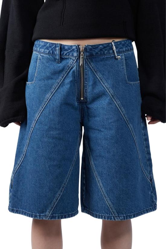  팡 뉴욕 데님 숏팬츠 팡 NYC 하프 크로스 스티치 와이드 레그 쇼츠 블루