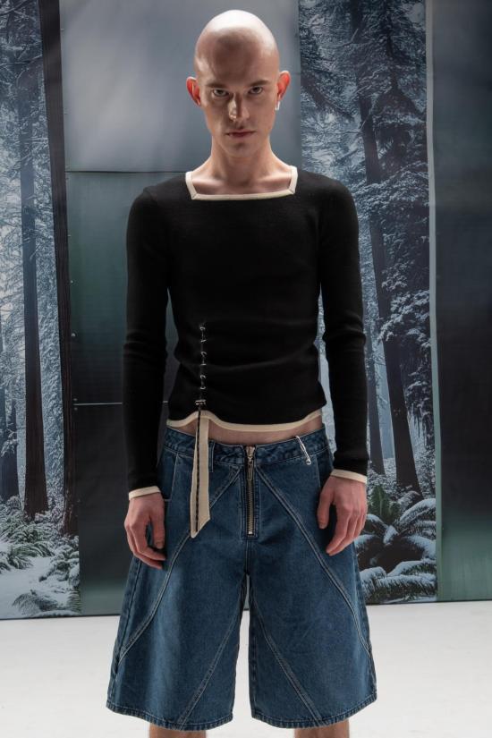  FANG NYC 데님 숏팬츠 팡 NYC 하프 크로스 스티치 와이드 레그 쇼츠 블루 - OTHER BRANDS