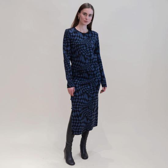  헤일리 멘지스 미디 스커트 자카드 스플릿 스커트 네이비