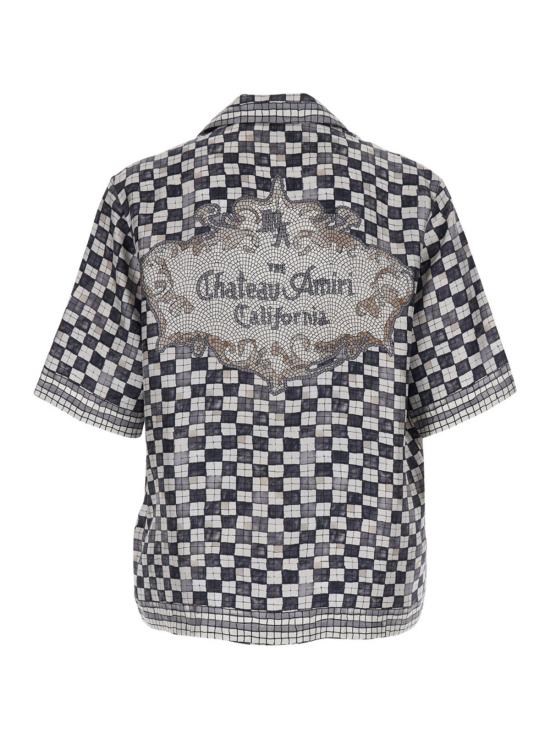  아미리 반팔 셔츠 실크 올오버 체크 로고 셔츠 블랙 - AMIRI