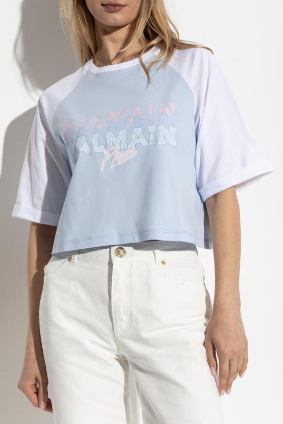  발망 반팔 티셔츠 Balmain 쇼트 루즈핏 티셔츠 Snw Bleu Ciel Blanc 멀티컬러 - BALMAIN