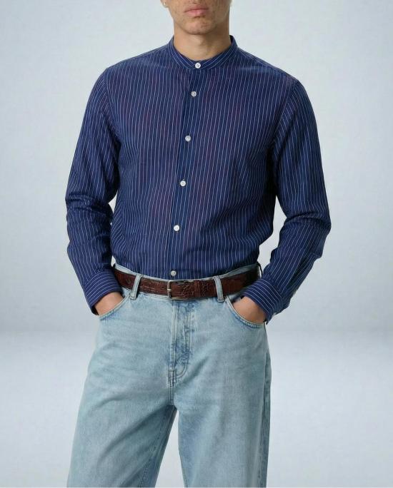  Graphia New York 긴팔 셔츠 그라피아 뉴욕 리암 밴드 칼라 긴팔  블루/화이트 스트라이프