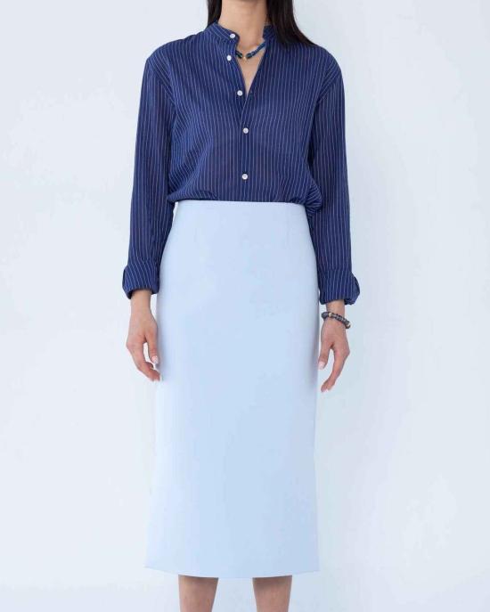  Graphia New York 긴팔 셔츠 그라피아 뉴욕 리암 밴드 칼라 긴팔  블루/화이트 스트라이프 - GRAPHIA NEW YORK