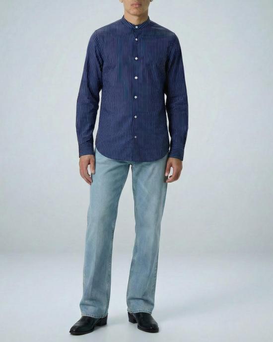  Graphia New York 긴팔 셔츠 그라피아 뉴욕 리암 밴드 칼라 긴팔  블루/화이트 스트라이프 - GRAPHIA NEW YORK