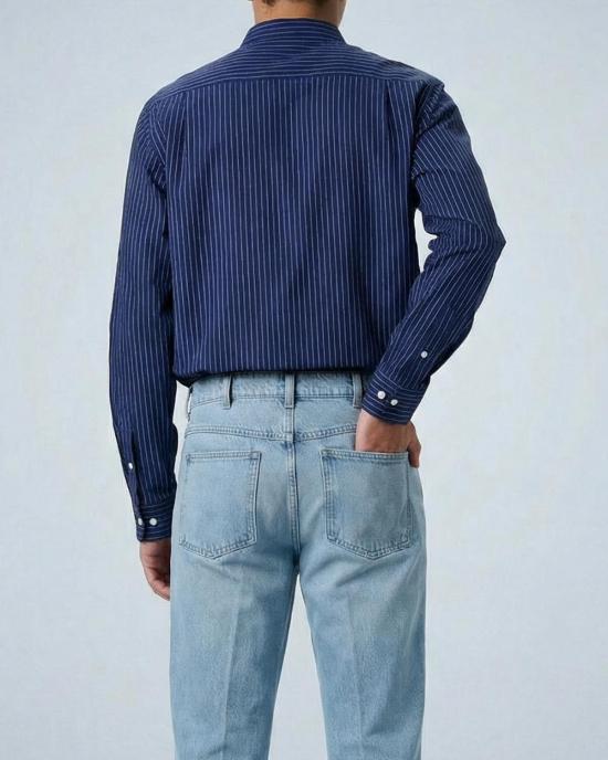  Graphia New York 긴팔 셔츠 그라피아 뉴욕 리암 밴드 칼라 긴팔  블루/화이트 스트라이프 - GRAPHIA NEW YORK