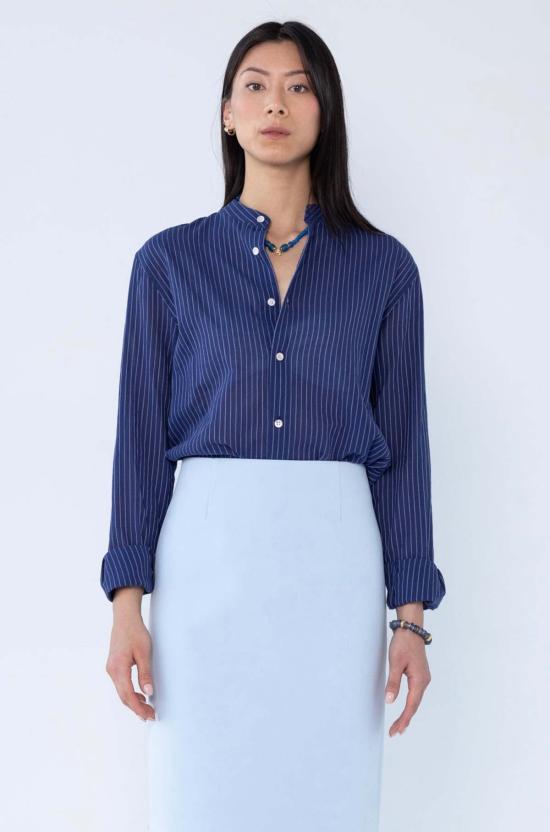  Graphia New York 긴팔 셔츠 그라피아 뉴욕 리암 밴드 칼라 긴팔  블루/화이트 스트라이프 - OTHER BRANDS