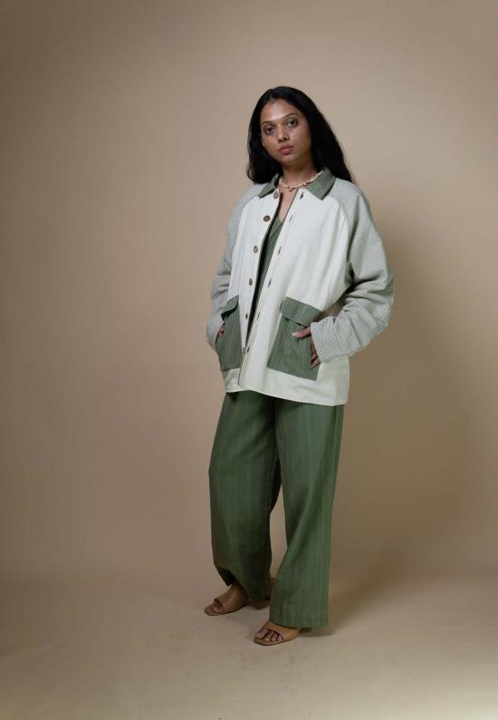  이키비 자켓 메도우즈 유니섹스 컬러 블록 셔츠 재킷 그린 - IKKIVI