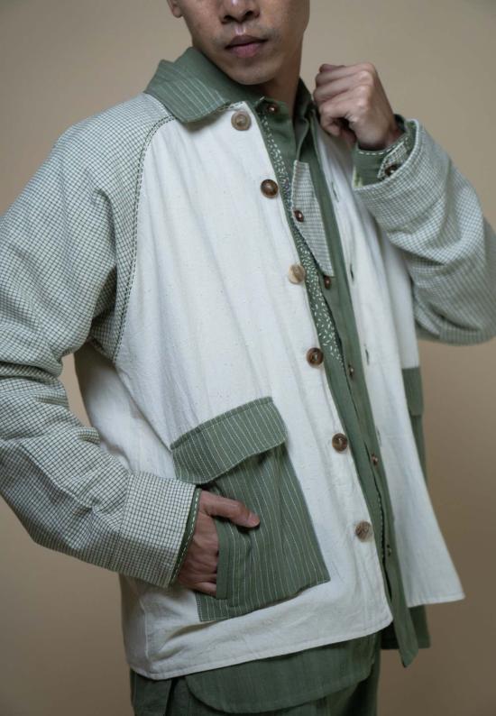  이키비 자켓 메도우즈 유니섹스 컬러 블록 셔츠 재킷 그린 - IKKIVI