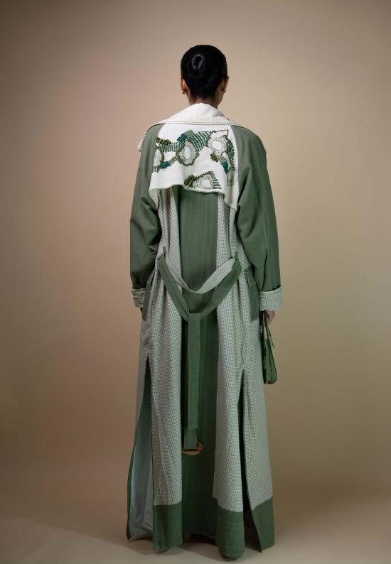  이키비 트렌치 코트 메도우즈 유니섹스 컬러 블록 트렌치 재킷 그린 - IKKIVI