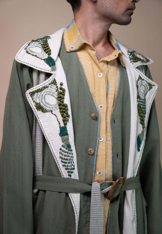  이키비 트렌치 코트 메도우즈 유니섹스 컬러 블록 트렌치 재킷 그린 - IKKIVI