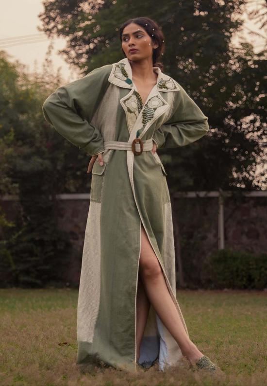  이키비 트렌치 코트 메도우즈 유니섹스 컬러 블록 트렌치 재킷 그린