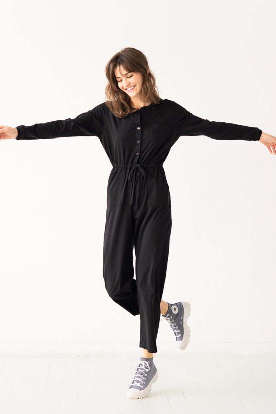  살루아 란제리 점프수트 피마 코튼 라운지 수트 블랙