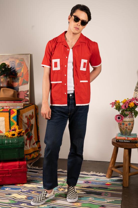  DUSHYANT. 반팔 셔츠 두샨트. 돈 캠프 칼라  레드 패치워크 스트라이프 - DUSHYANT