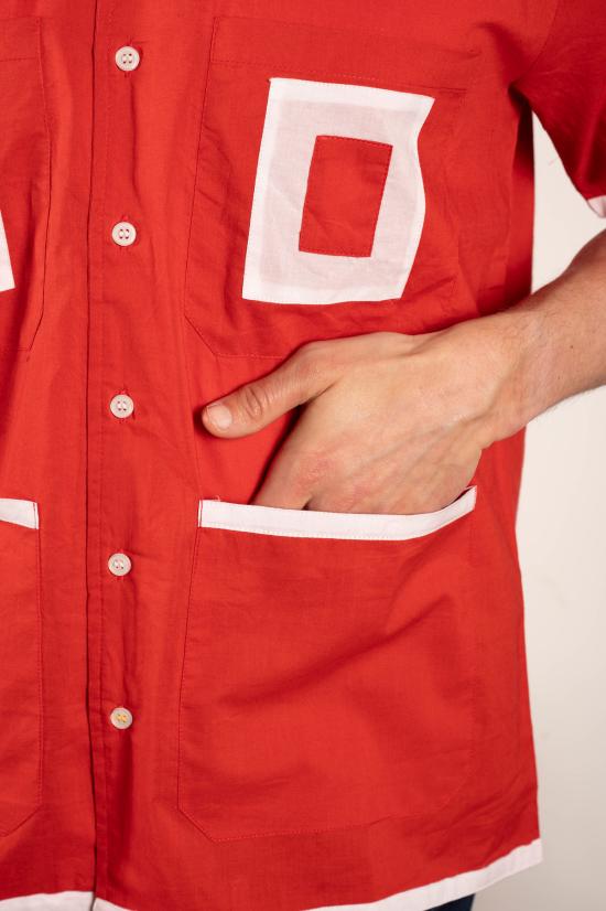  DUSHYANT. 반팔 셔츠 두샨트. 돈 캠프 칼라  레드 패치워크 스트라이프 - OTHER BRANDS