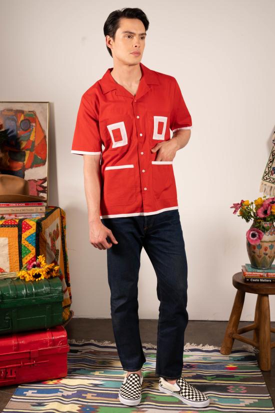  DUSHYANT. 반팔 셔츠 두샨트. 돈 캠프 칼라  레드 패치워크 스트라이프 - DUSHYANT