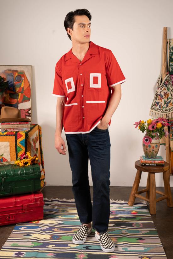  DUSHYANT. 반팔 셔츠 두샨트. 돈 캠프 칼라  레드 패치워크 스트라이프 - OTHER BRANDS