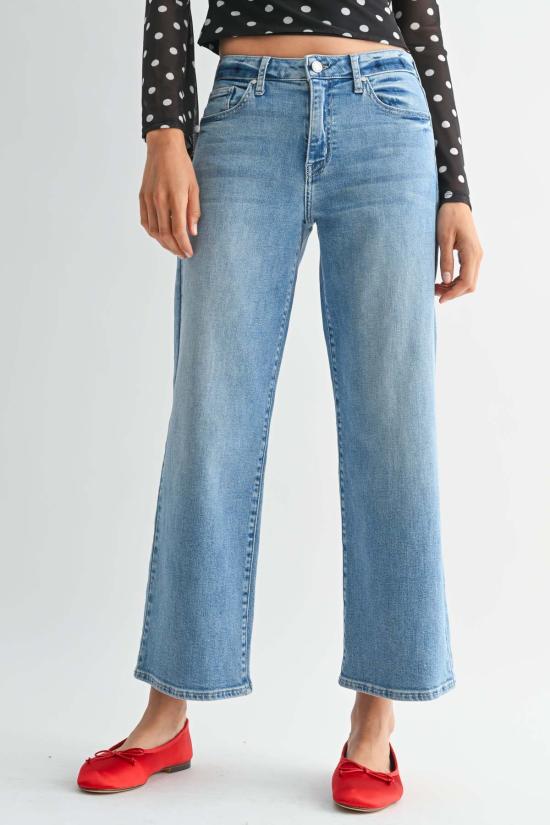  저스트 블랙 데님 데님 팬츠 쁘띠 슬림 와이드 레그 진 라이트 데님 - JUST BLACK DENIM