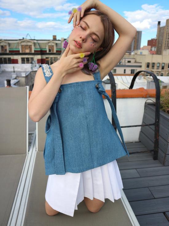  콜리나 스트라다 민소매 티셔츠 라인스톤 오버롤 탱크탑 블루 데님 - COLLINA STRADA