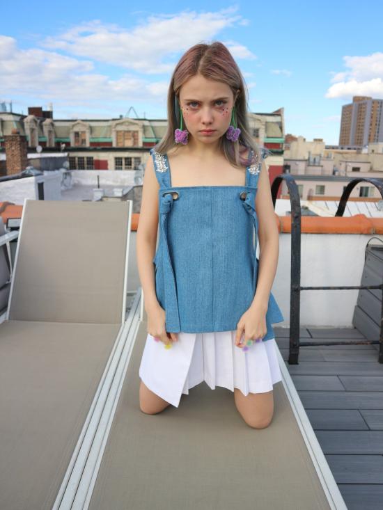  콜리나 스트라다 민소매 티셔츠 라인스톤 오버롤 탱크탑 블루 데님 - COLLINA STRADA
